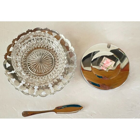 Vintage Glass Butter Dish Jam Jar Sugar Bowl w Lid Tray & Spreader Chrome Plated - Picture 5 of 11